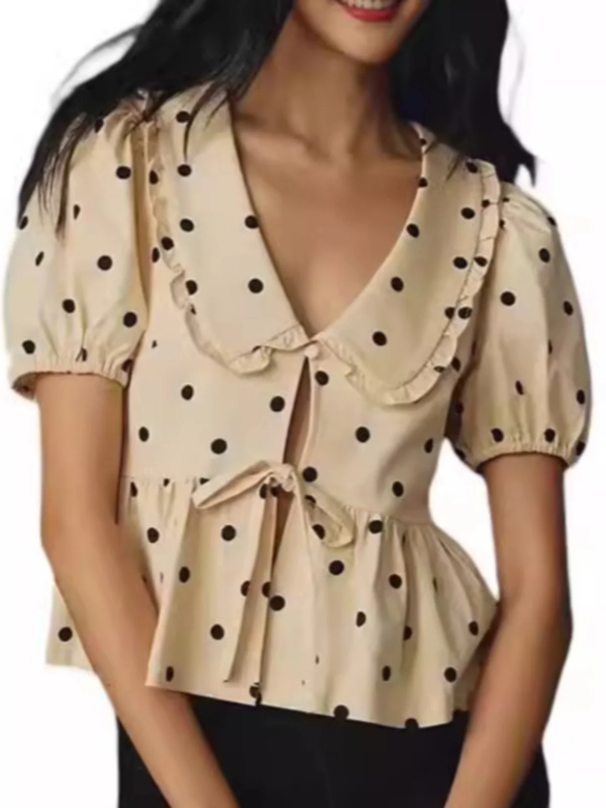 

Polka Dot Plaid Pure Color ort Sve Doll Collar irt Women's Faion Casual Loose Fit Polyester Princ Sve Blouse