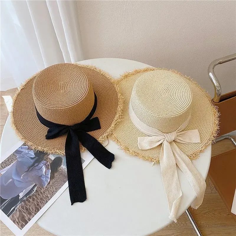 

1PC Beach HatJapanese Everything Hairy Edge Straw Hat Female Summer Flat Top Outing Sun Hat Small Fresh Bow Sun Shade Beach Hat