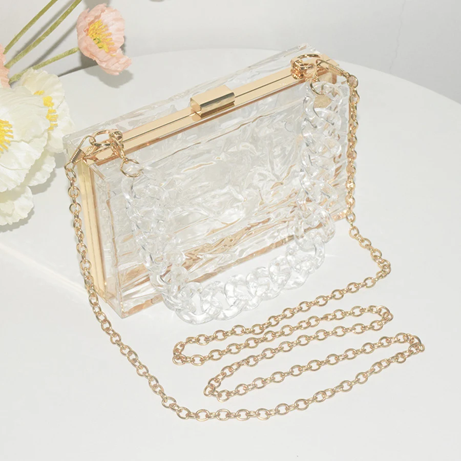 New transparent acrylic party dinner bag water ripple small square bag chains shoulder crossbody bag ice crack ladies handbags