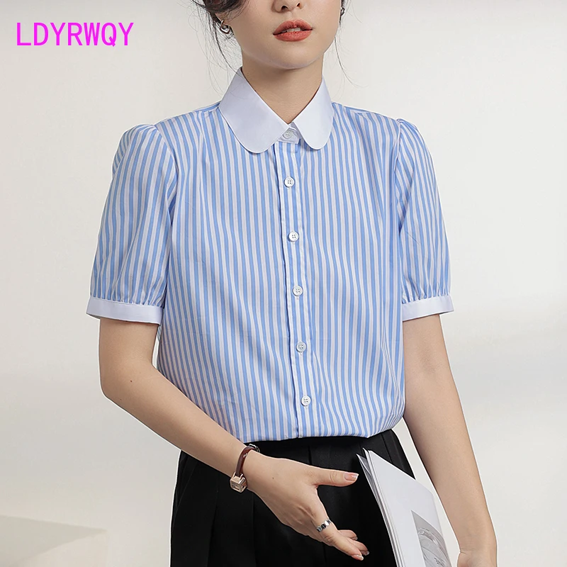 

Blue short sleeved vertical striped shirt, women's summer bubble sleeves, fashionable French style, retro buttons