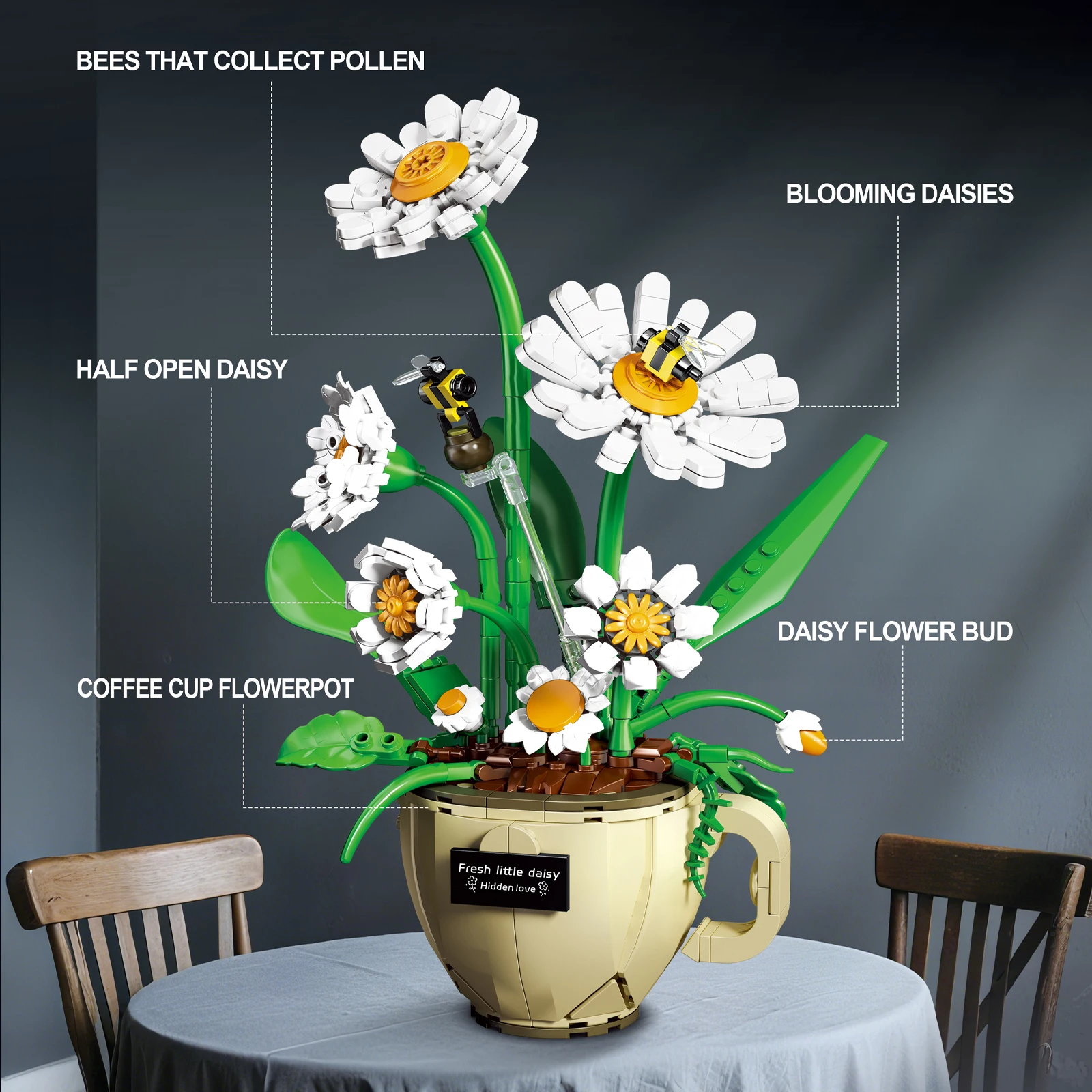 DK3035 Coffee Cup Daisy 496pcs Building Kit DIY Floral Succulent Planter Model Small Particle Blocks for Home Decor Xmas Gifts