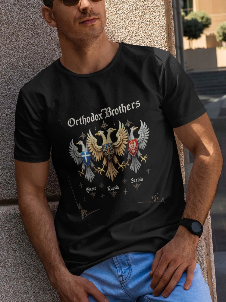Orthodox Brothers Greece Russia Serbia Vintage Graphic Patriarchal Cross Design-100% cotton O-neck printed men's T-shirt.