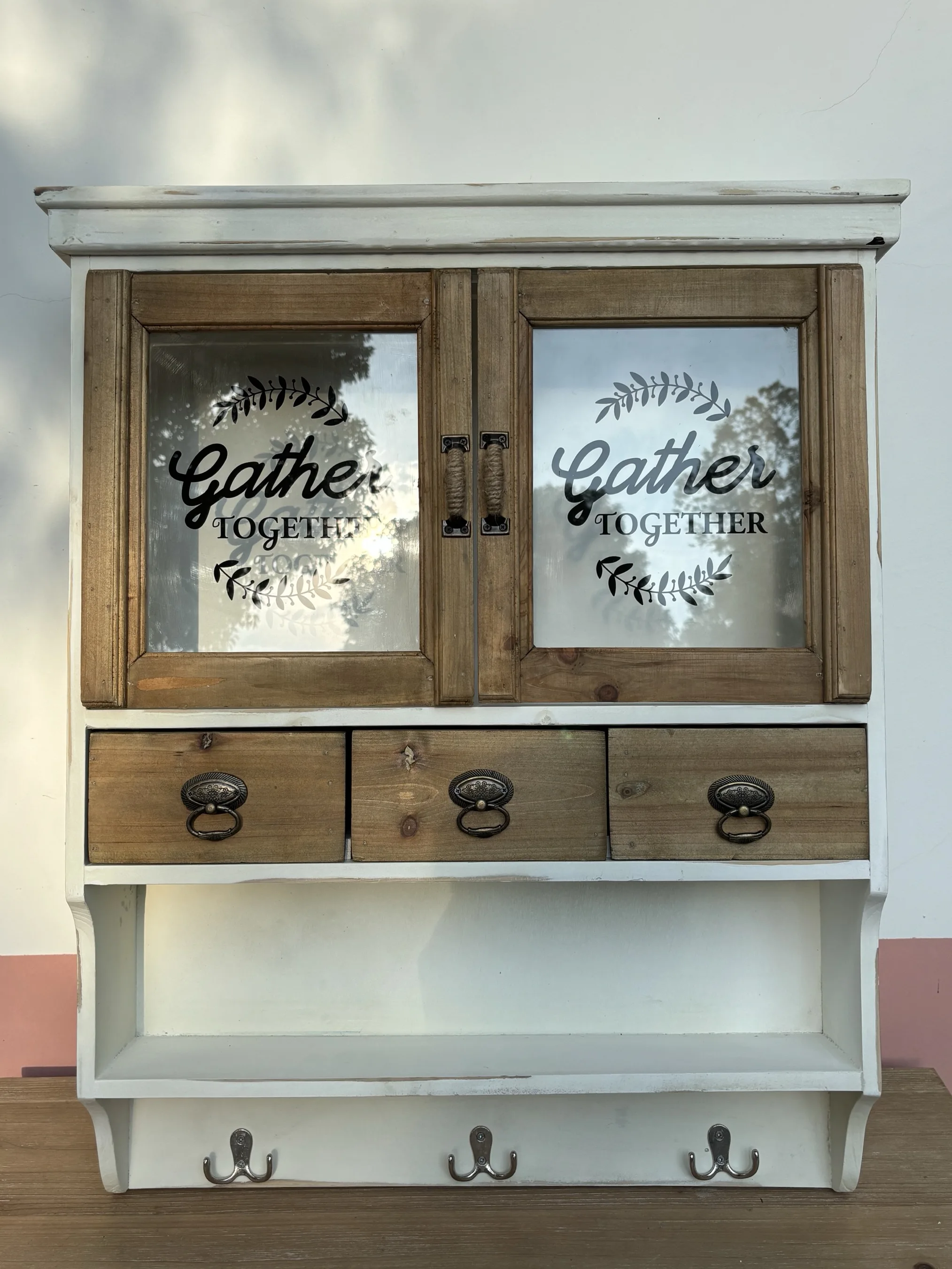 Vintage Farmhouse Wall Cabinet with Glass Doors, 3 Drawers, Open Shelf and Hooks, Distressed Fir Wood Storage Organizer