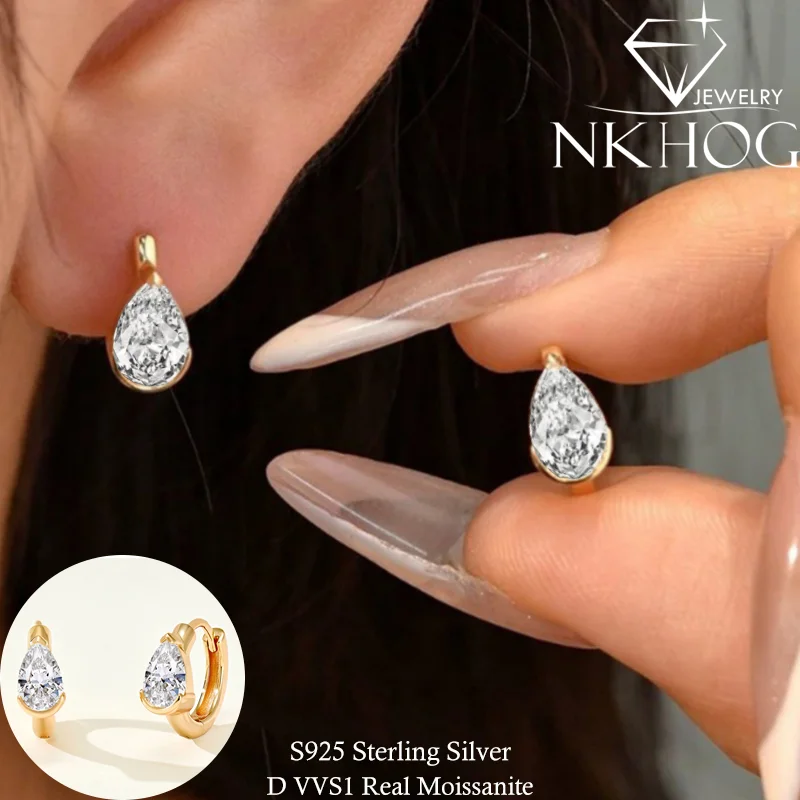 NKHOG 0.5ct/1ct Moissanite Hoop Earrings Pear Cut D VVS1 925 Sterling Silver Earring Women Waterdrop Women Fine Jewelry Gift GRA