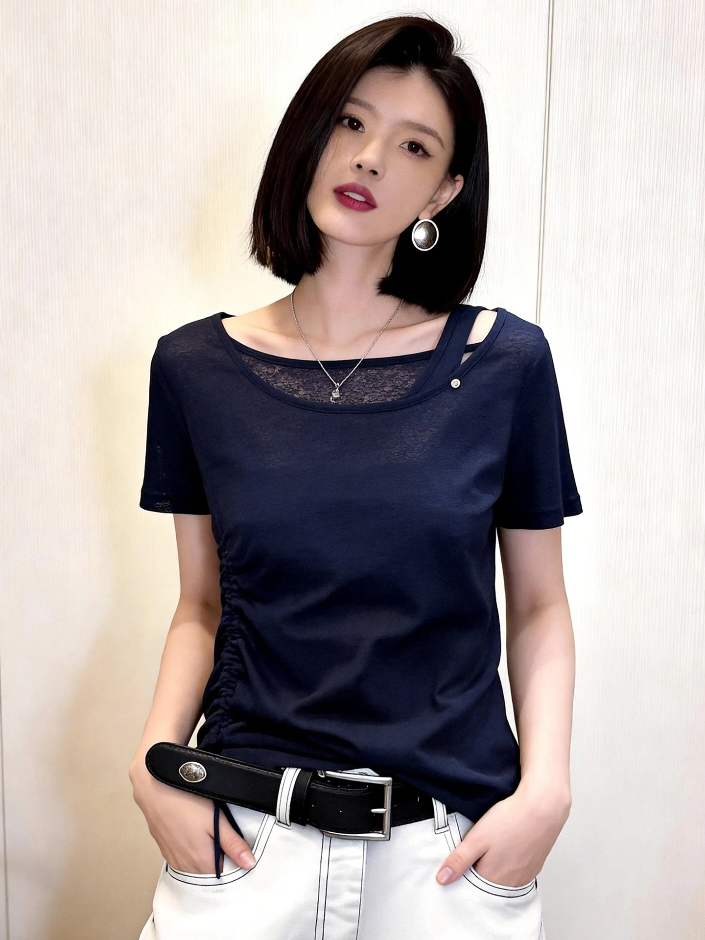 

Chic Color Commute Casual Short Sleeve Overhead Top Versatile Summer Base Shirt Poetic Lin Women's plus Size T-shirt