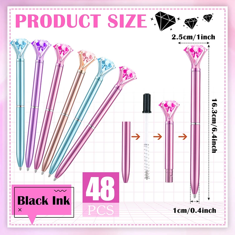48 ชิ้นคริสตัลเพชรปากกาปากกาลูกลื่นหมึกสีดํา Rhinestones ปากกาเจ้าสาวปากกาอุปกรณ์สํานักงานงานแต่งงานปัจจุบัน