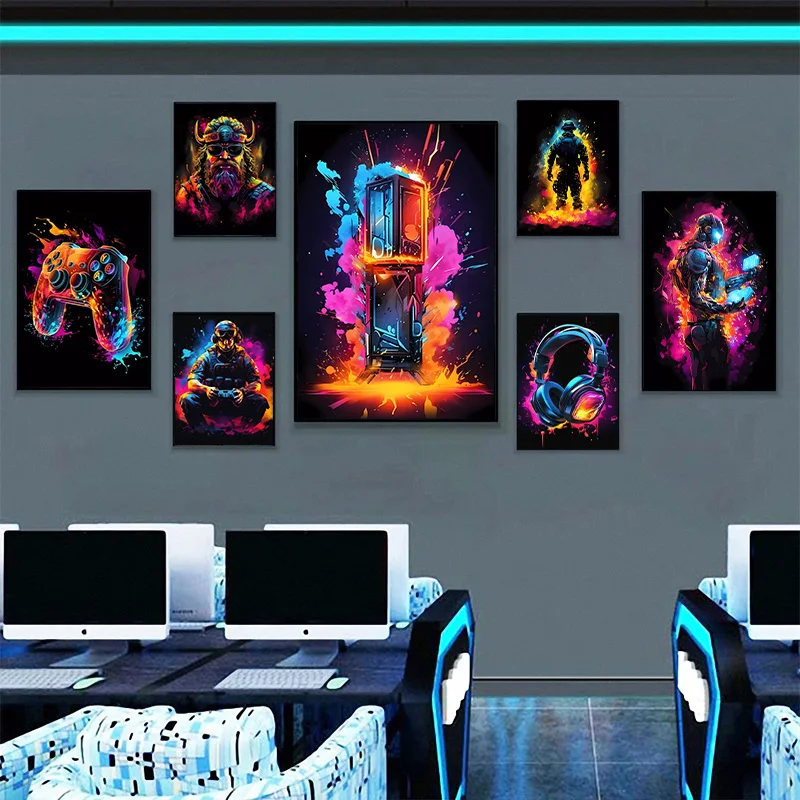 Neon Video Game Character Poster Prints Gamepad Headphones Football Basketball Canvas Printing Wall Art Decor Gaming Room Decor