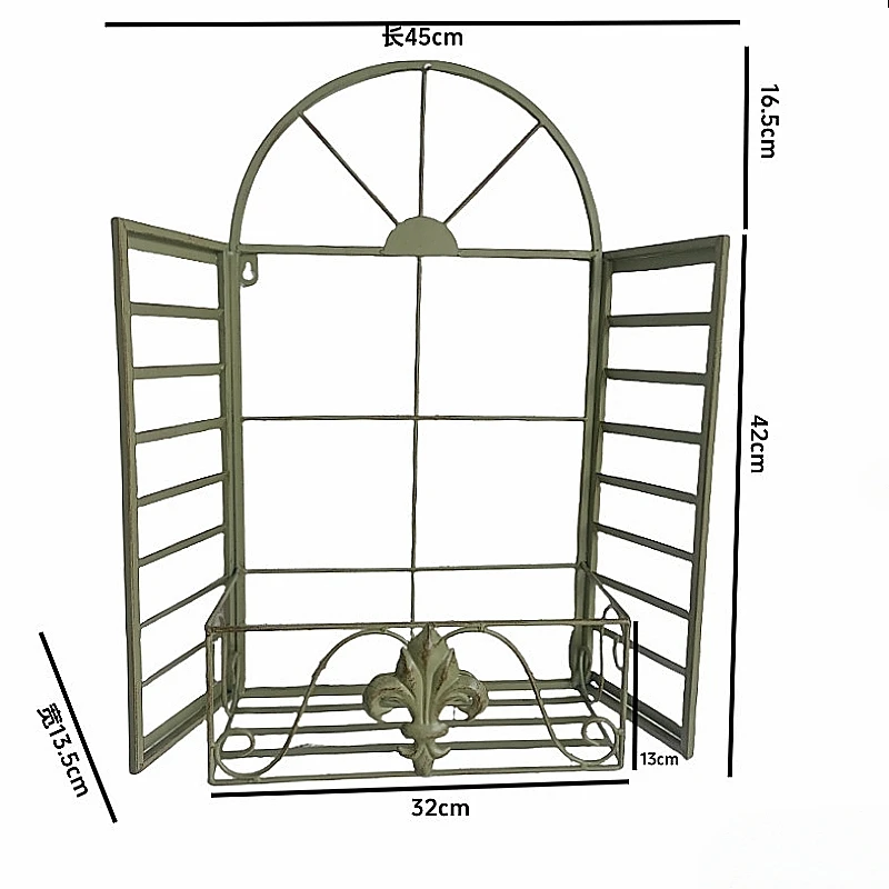 

Vintage White Window Decoration, Balcony Wall Flower Rack Wrought Iron Wall-Mounted Faux Window Garden Decor