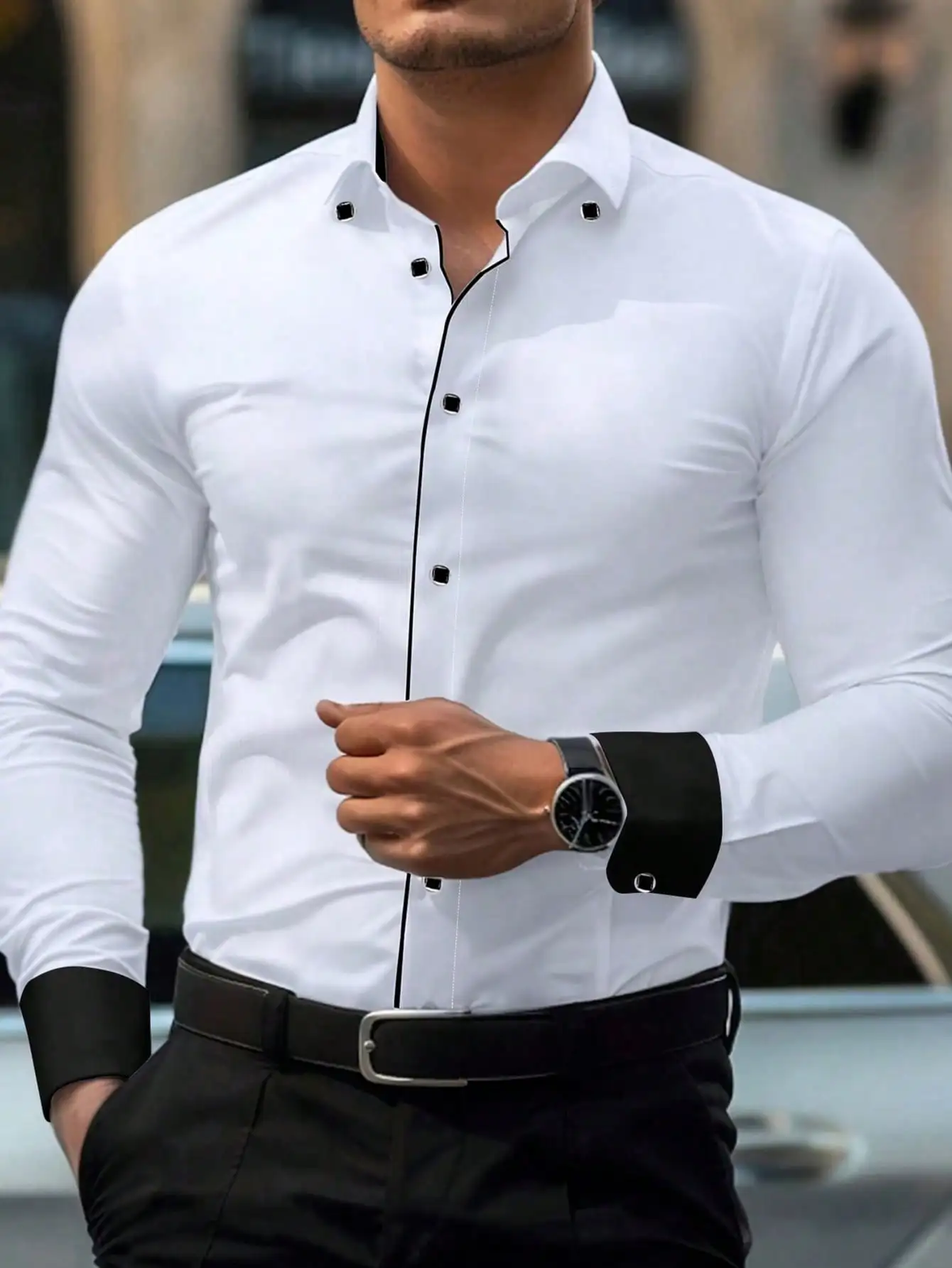 

Men's White Formal Shirt with Black Contrast Trim, Long Sleeve