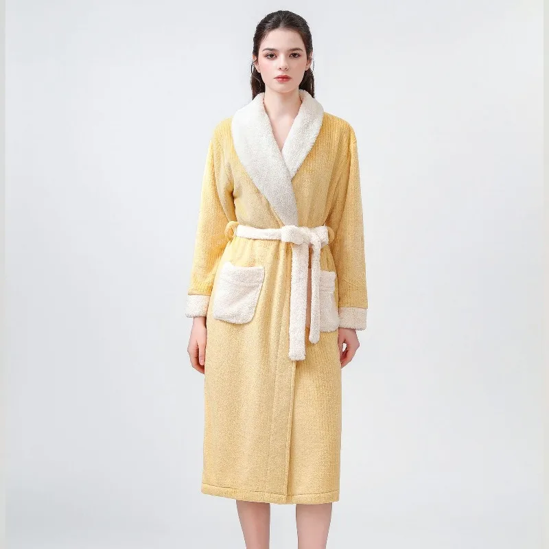 

Осенне-зимняя полосатая фланелевая и плотная фланелевая ночная рубашка средней длины для женщин, теплая одежда для сна, домашняя одежда