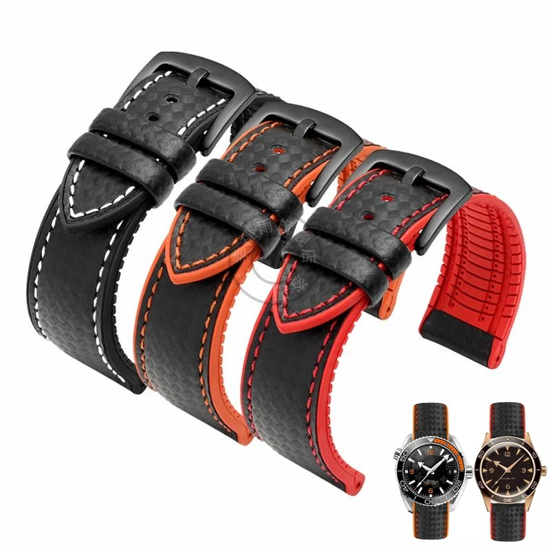 

Carbon Fiber Pattern Rubber Bottom Watch Band for Omega Hippocampus 600 Quarter Orange Mido Tudor 20mm 21mm 22mm 23mm