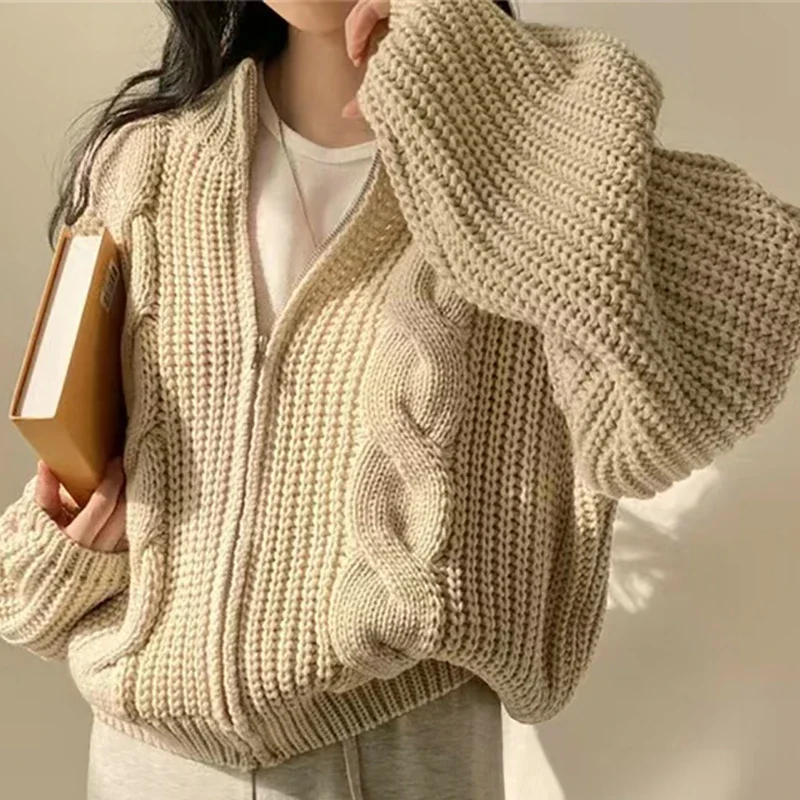 EVNISI Women Zipper Rib Loose Cardigan Coat Lantern Sleeve Knit Warm Sweater Coat Solid Women Fall Winter Casual Office Jacket