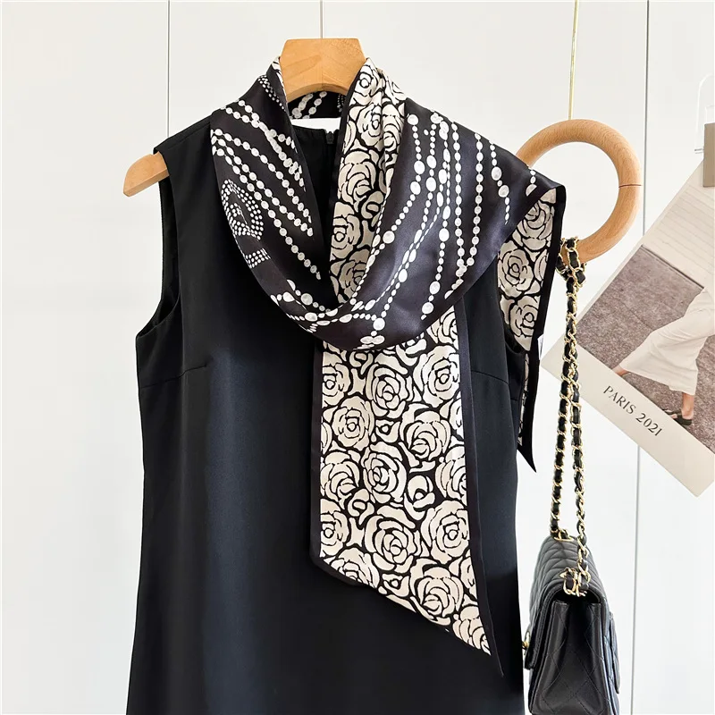 

Silk Scarf Black Temperament Chain Camellia Silk Scarf Fine Narrow Long Double Layer Double-Sided Scarf Ribbon