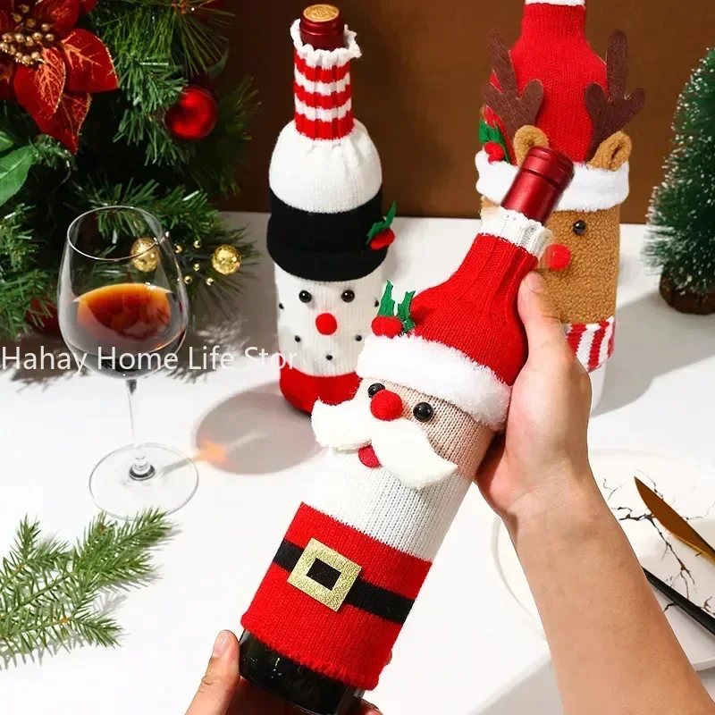 Christmas Wine Bottle Cover Set Santa Snowman Woven Wine Bottle Bags For Christmas Party Dinner Table Decorations New Year Gifts