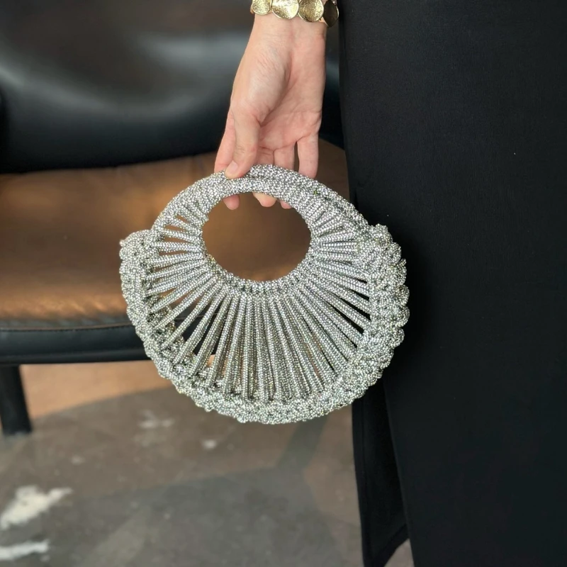 Shiny Clutch Evening Bag Female 2026 Trend Handwoven Silver Rayon Circular Handbag New Elegant Luxury Wedding Party Banquet Bag view 3