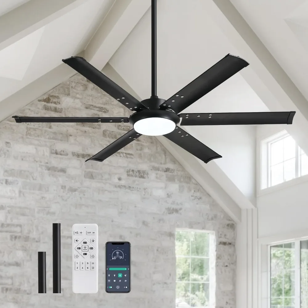 52 Inch Ceiling Fan with Lights and Remote Control, Black Industrial Fan Light Aluminum Fandelier Dimmable Reversible