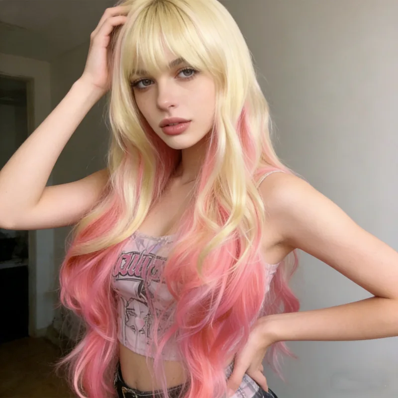 Off-white to pink gradient wig for women, long wavy curly hair, realistic full wig