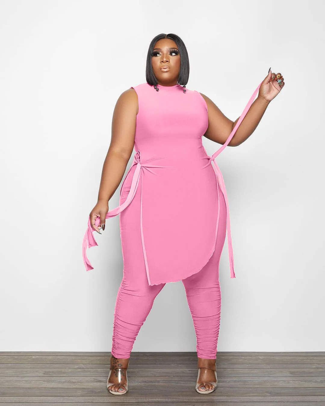 Plus Size Women Sleeveless Irregular Tops &  Pleated Trousers 2 Piece Set Ladies Solid Color Side Slit Tops & Stacked Pant Outfi