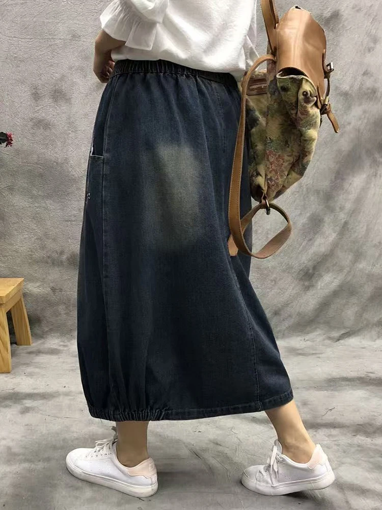 Amax luluE Design Autumn Women Fashion Loose Elastic Ripped Denim Skirts Ladies Vintage Casual Streetwear Classic A-Line Clothes