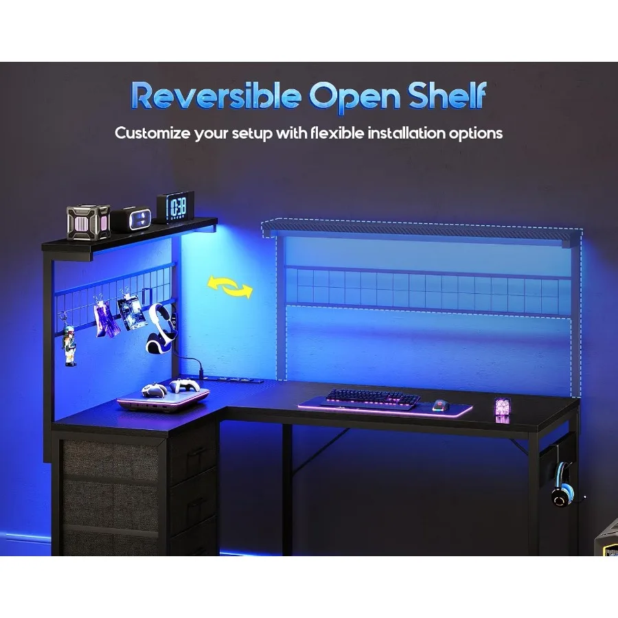 L Shaped Gaming Desk with Shelf 4 Drawers 51 Reversible Computer Desk with LED Light Home Office Table with Hutch and Hook Blac