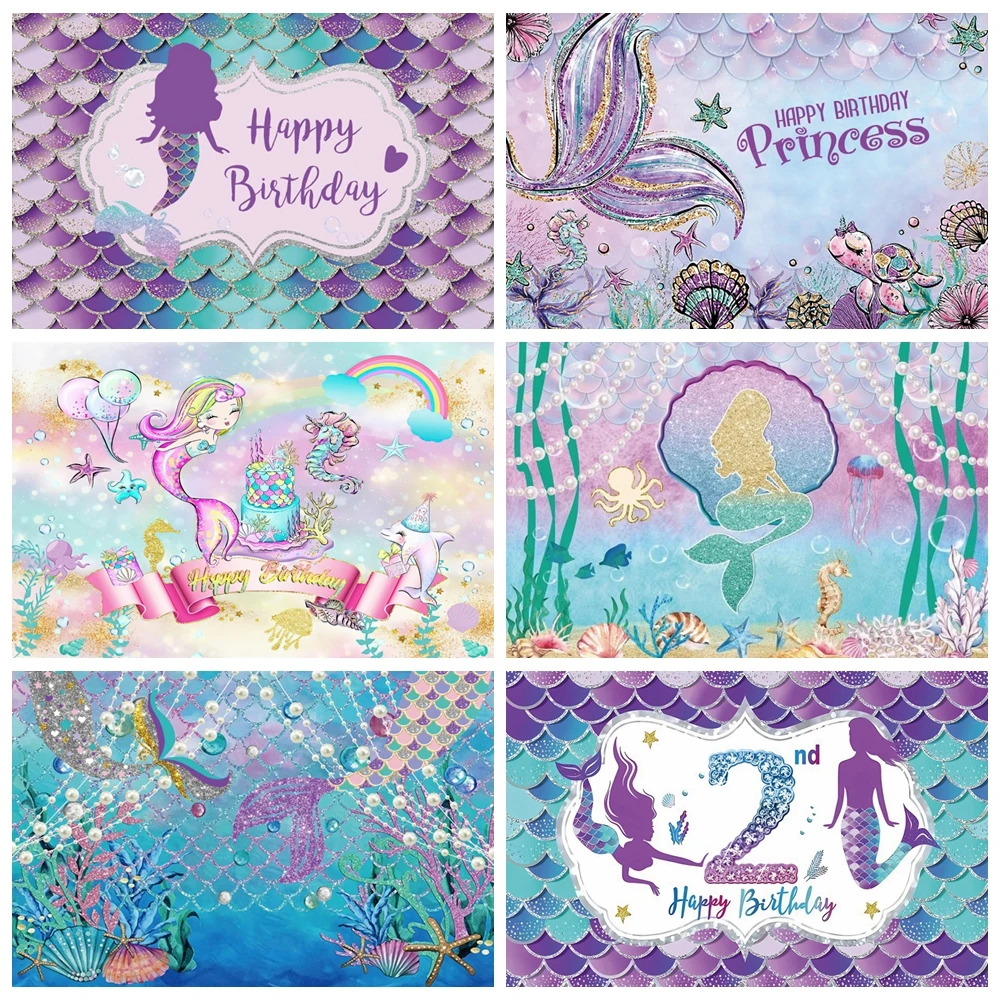 

Mermaid Birthday Backdrop Girl Princess Under The Sea Scale Shell Tail Baby Birthday Party Mermaid Photography Background Decor