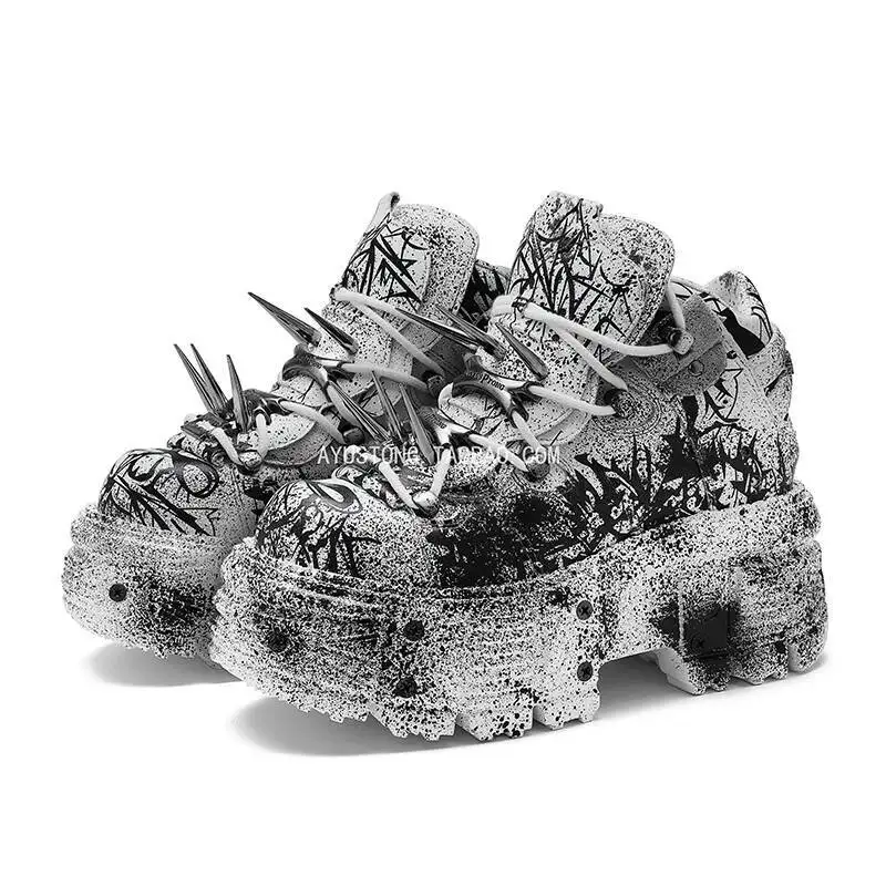 أحذية كلاسيكية من المعدن الثقيل ونعل سميك على الجدران فاسق أحذية جلدية مرتفعة كاجوال للرجال والنساء أحذية للأب كعكة إسفنجية بمقدمة كبيرة #1