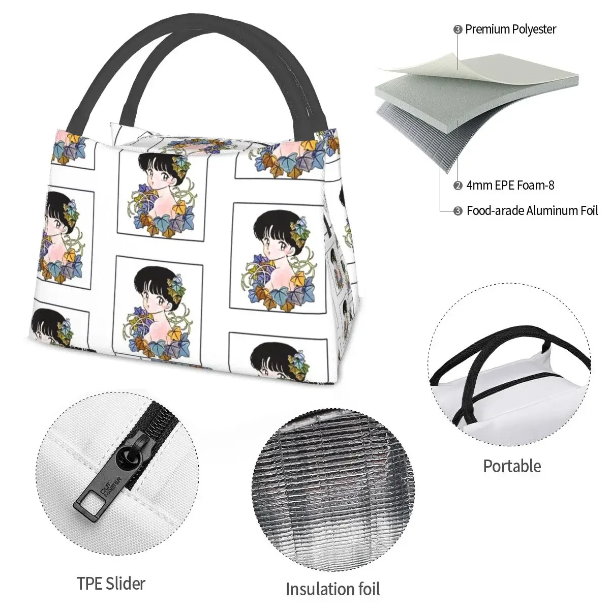 Akane Tendo com flores para mulheres e crianças, Lunch Bags Edição Especial, Bento Box Isolado, Lunch Tote Piquenique Bags, Trabalho com 12 Edição Especial