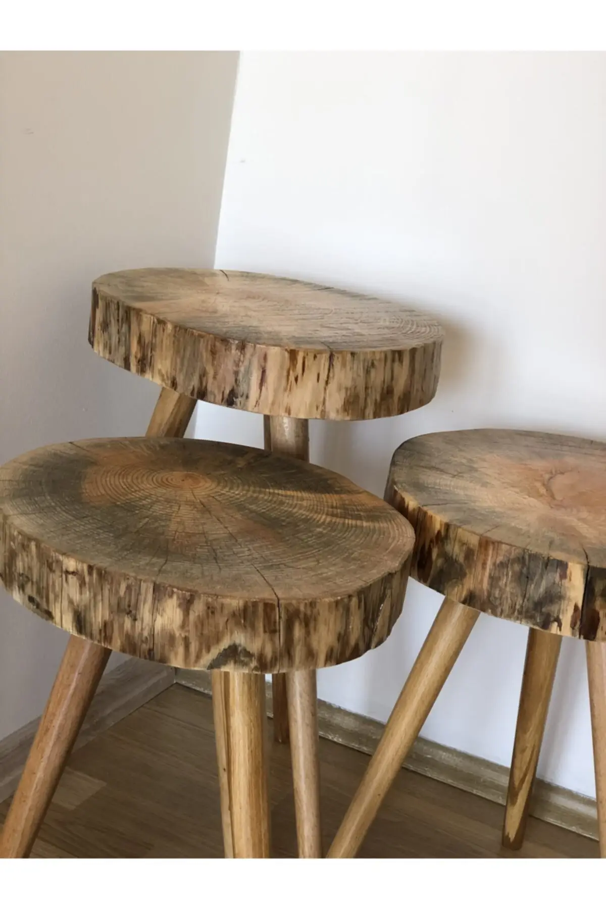 Braun 3'lü Runde Natürliche Holz Log Zigon Kaffee Tisch