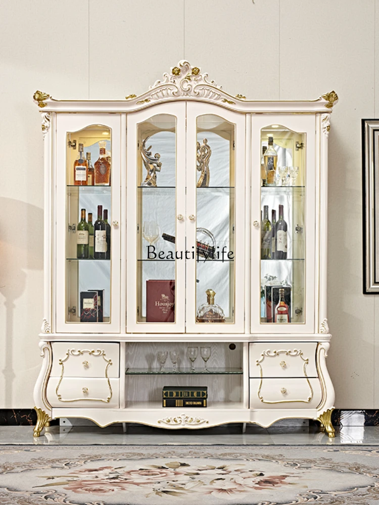 European carved four-door wine cabinet white high-end luxury French court glass side cabinet