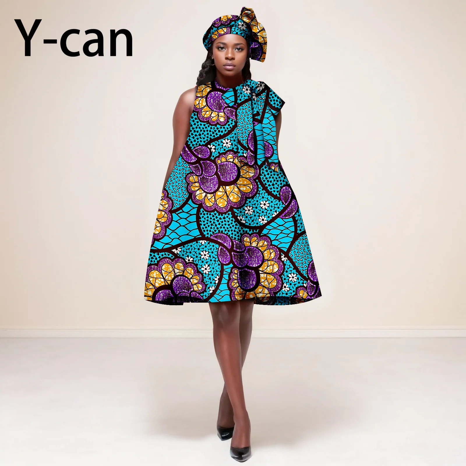 

Ankara Women Dresses African Traditional Dashiki Ankara Print Sleeveless Sweet Dress with Headscarf African Clothing 2425162