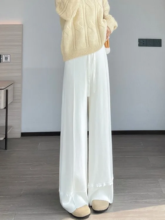 Damskie spodnie z wysokim stanem, dzianinowe, z szerokimi nogawkami, miękkie, z koronkowym wykończeniem, codzienne spodnie do ziemi, spodnie typu dra, jesień-zima, nowość.