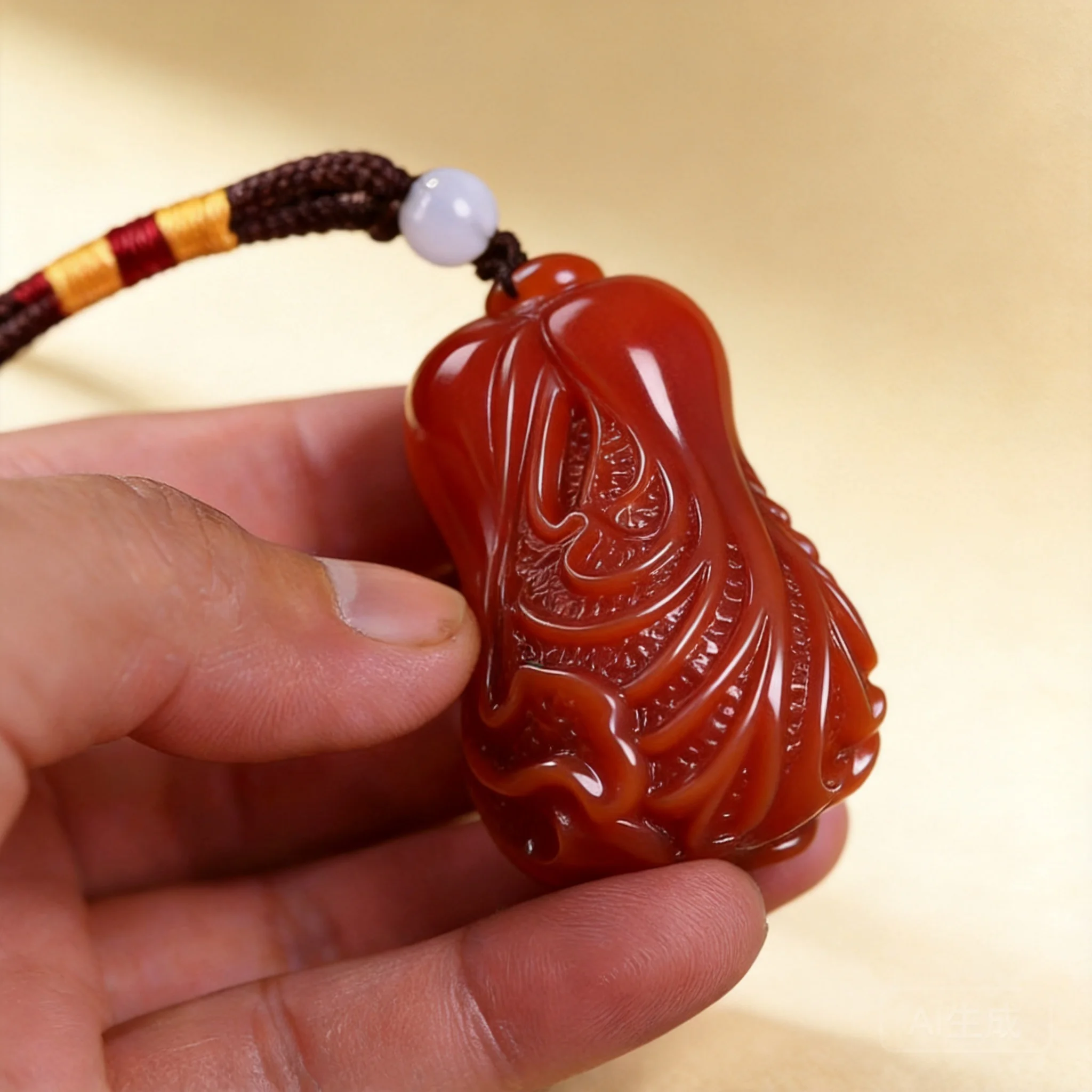 Chinese Traditional Style Natural Red Agate Persimmon Red Cabbage Carved Hand Piece Lucky Fortune Attracting Blessing Feng Shui