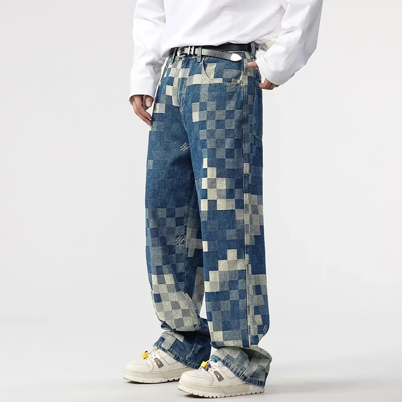 Mosaic Printed Jeans for Men 2024 New Chessboard Plaid Trendy Loose Wide Leg Straight Casual Trousers Spring and Autumn