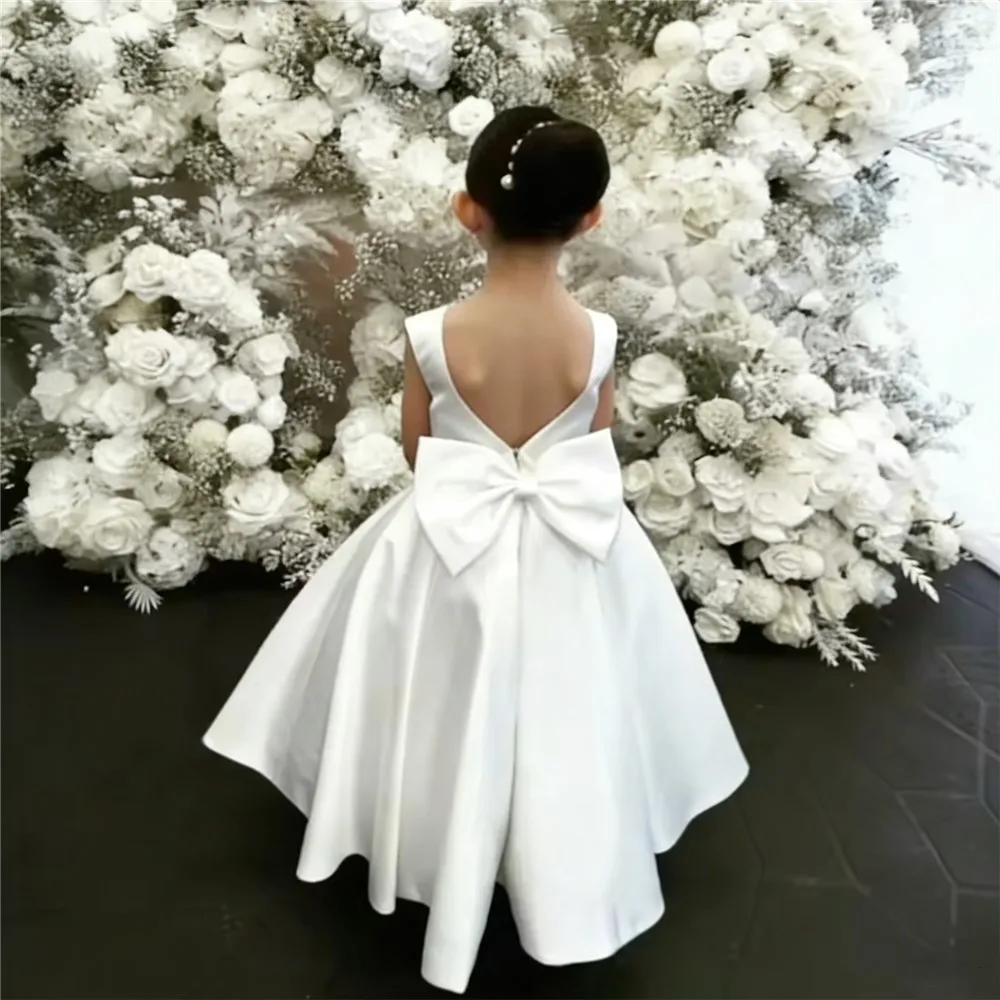 

Classic Satin Flower Girl Wedding Dress Sleeveless Bow Ball Gown Kids First Communion Dress Evening Party Gown vestidos de novia