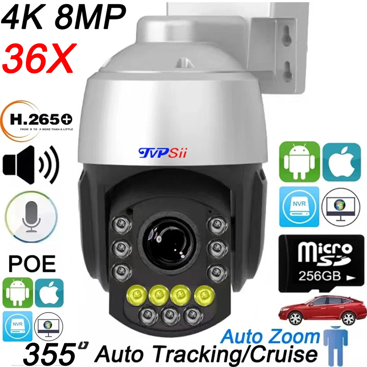 Full Color Infrared Auto Tracking Cruise 8MP 4K 36X Optical Zoom Rotation Audio ONVIF POE PTZ IP Surveillance Speed Doom Camera