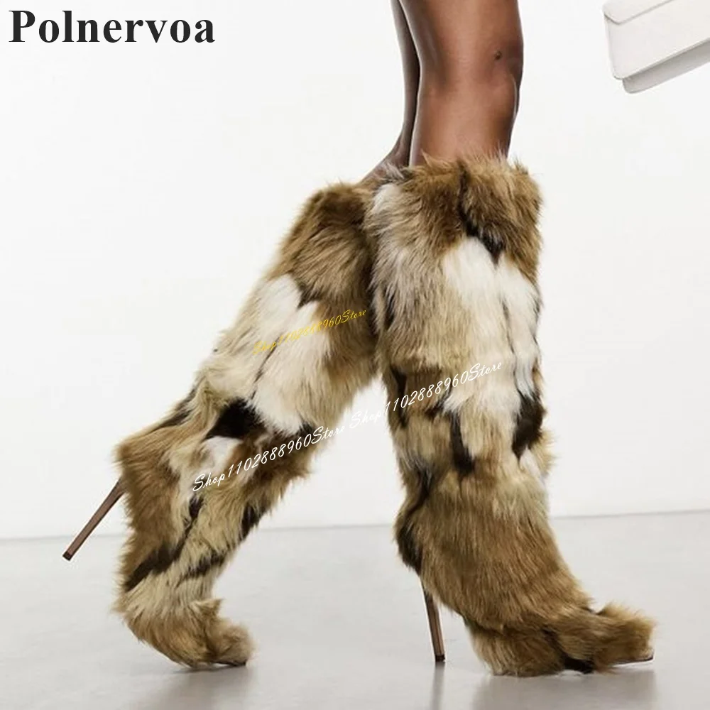 Trending Knee High Mixed Color Furry Boots Thin High Heel Women Shoes Side Zipper Pointed Toe 2024 Fashion Zapatos Para Mujere