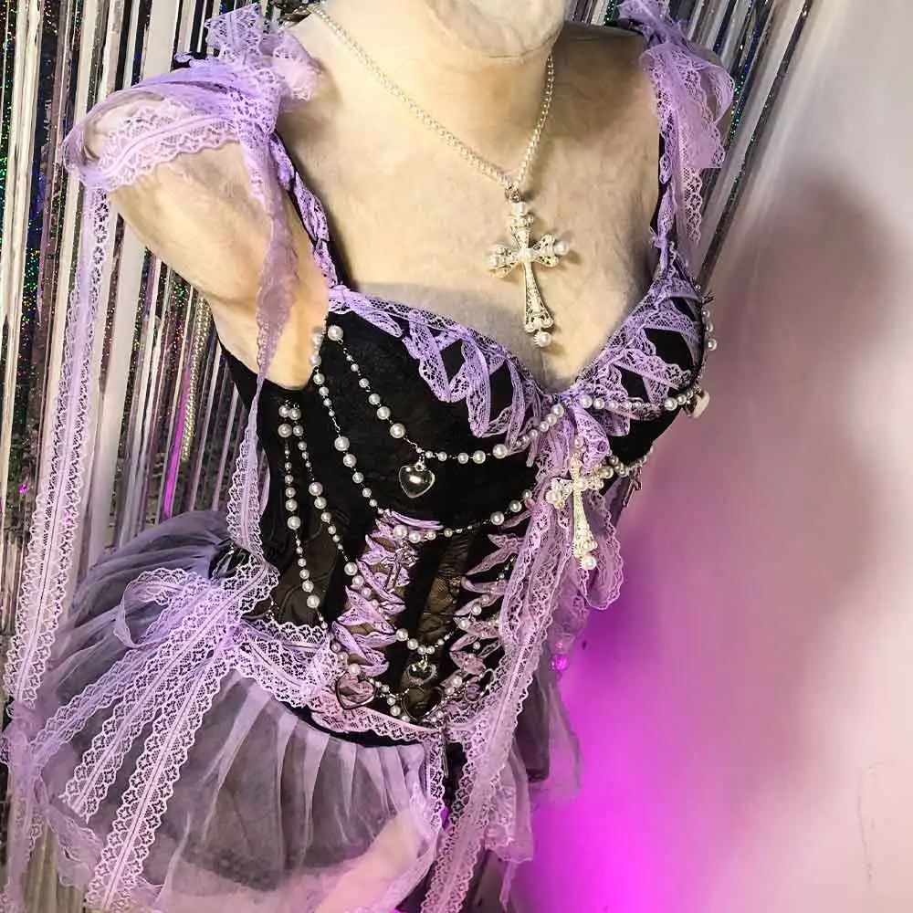 

Кавайное платье в стиле панк-рок готика для электронных девушек, готическое эмо-платье в стиле Харадзюку, клубная одежда ручной работы, экологичные кружевные топы Y2K, гранж 90-х, с крестом и сердцем