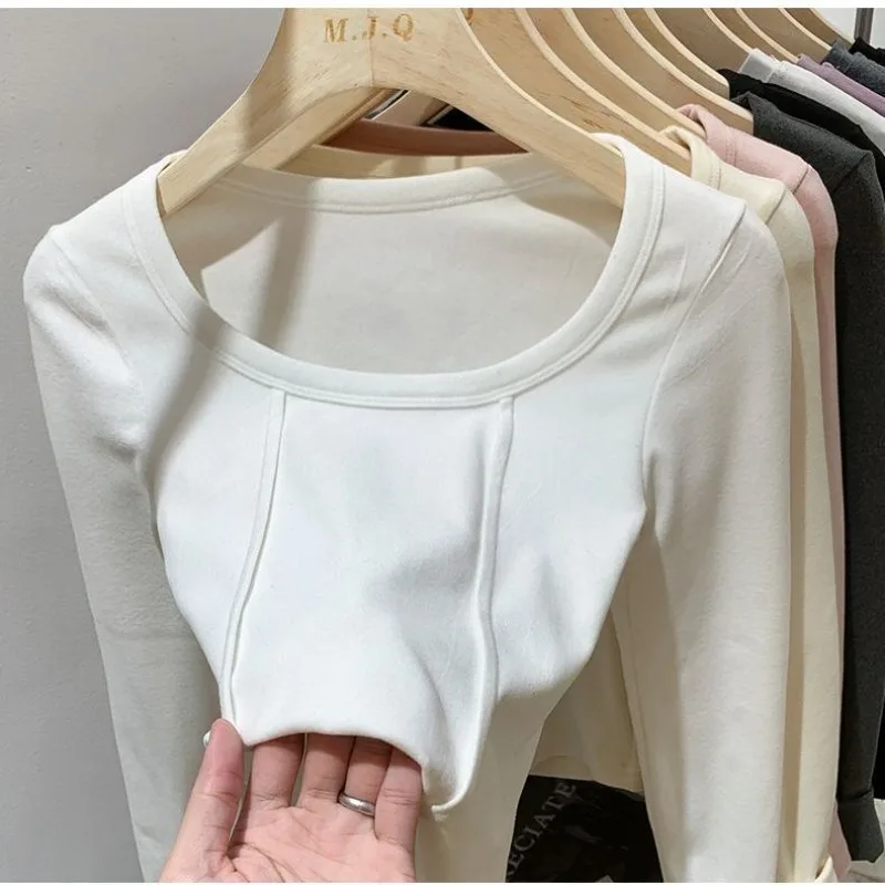 Women's Square Neck Long Sleeve Thermal T-Shirt Thin Velvet Base Shirt Winter Inner Wear Slim Fit Short Top Pullover Top