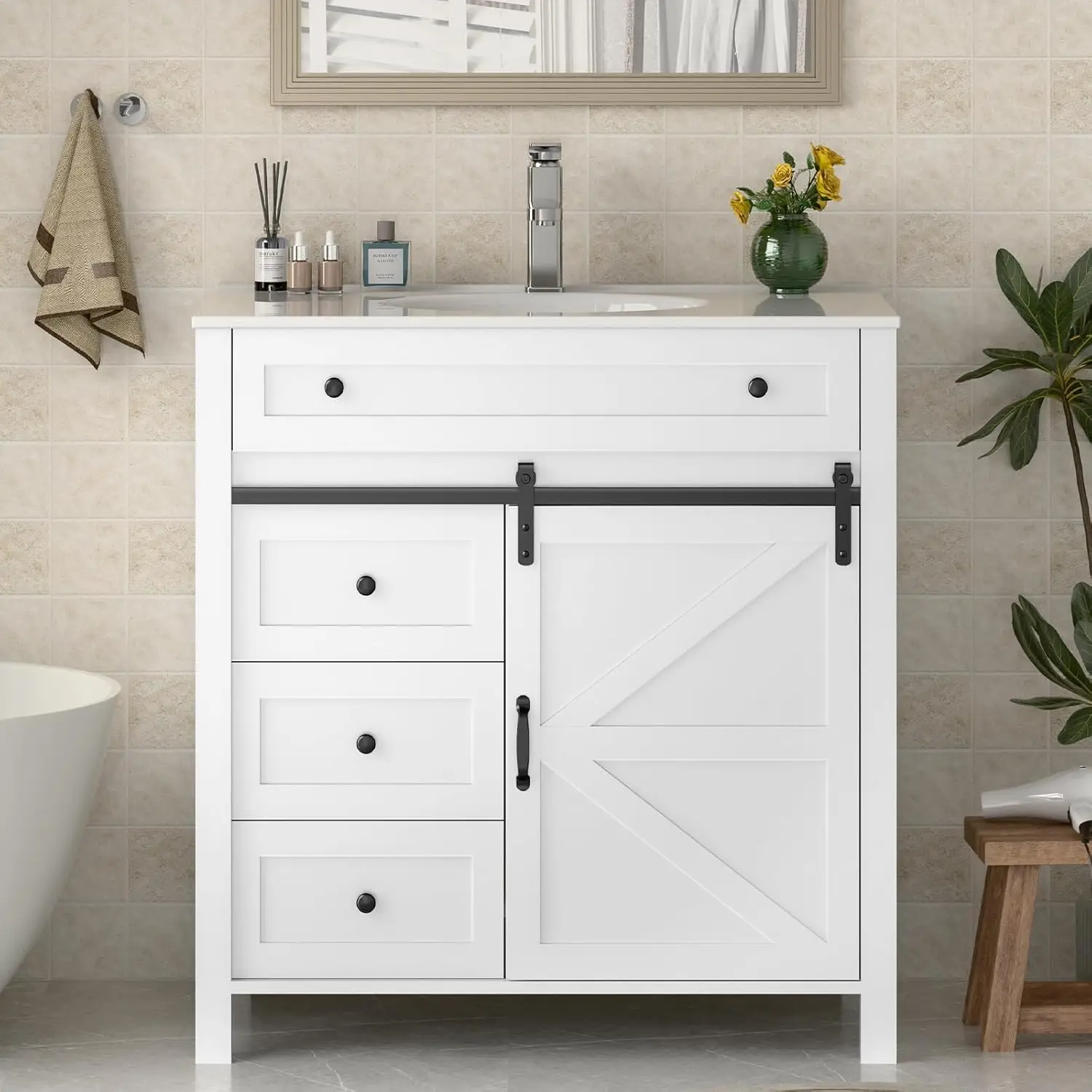 36in Freestanding Bathroom Vanity Cabinet Sink Combo 4 Drawers Sliding Door Ceramic Basin Faucet Drain White Customized