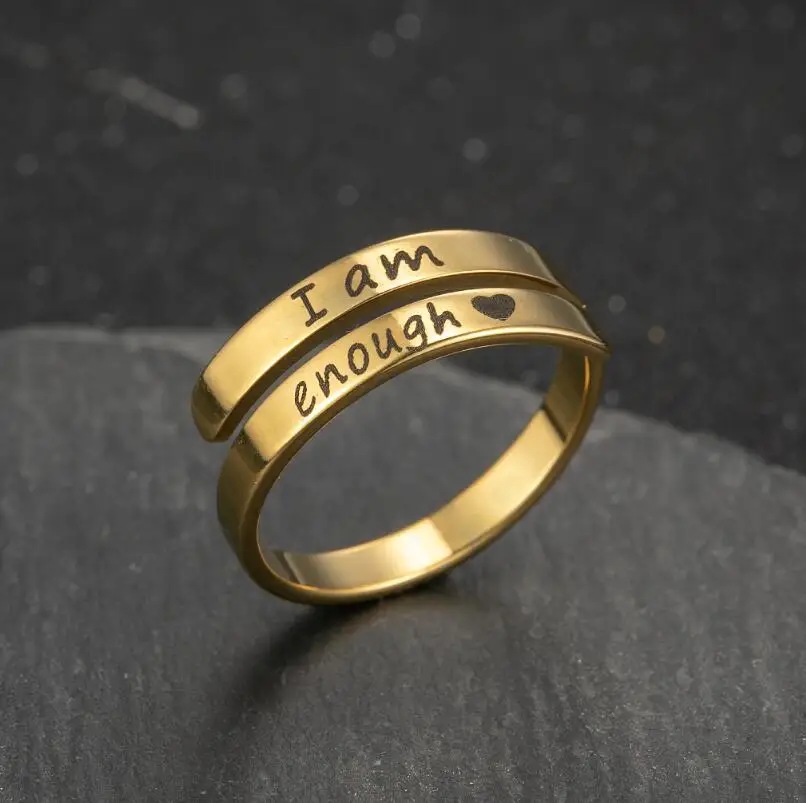 Engraved Letter I Am Enough Promise Couple Rings For Lovers Stainlessness Gold Plated Joint Open Adjustable Ring Jewelry Gifts