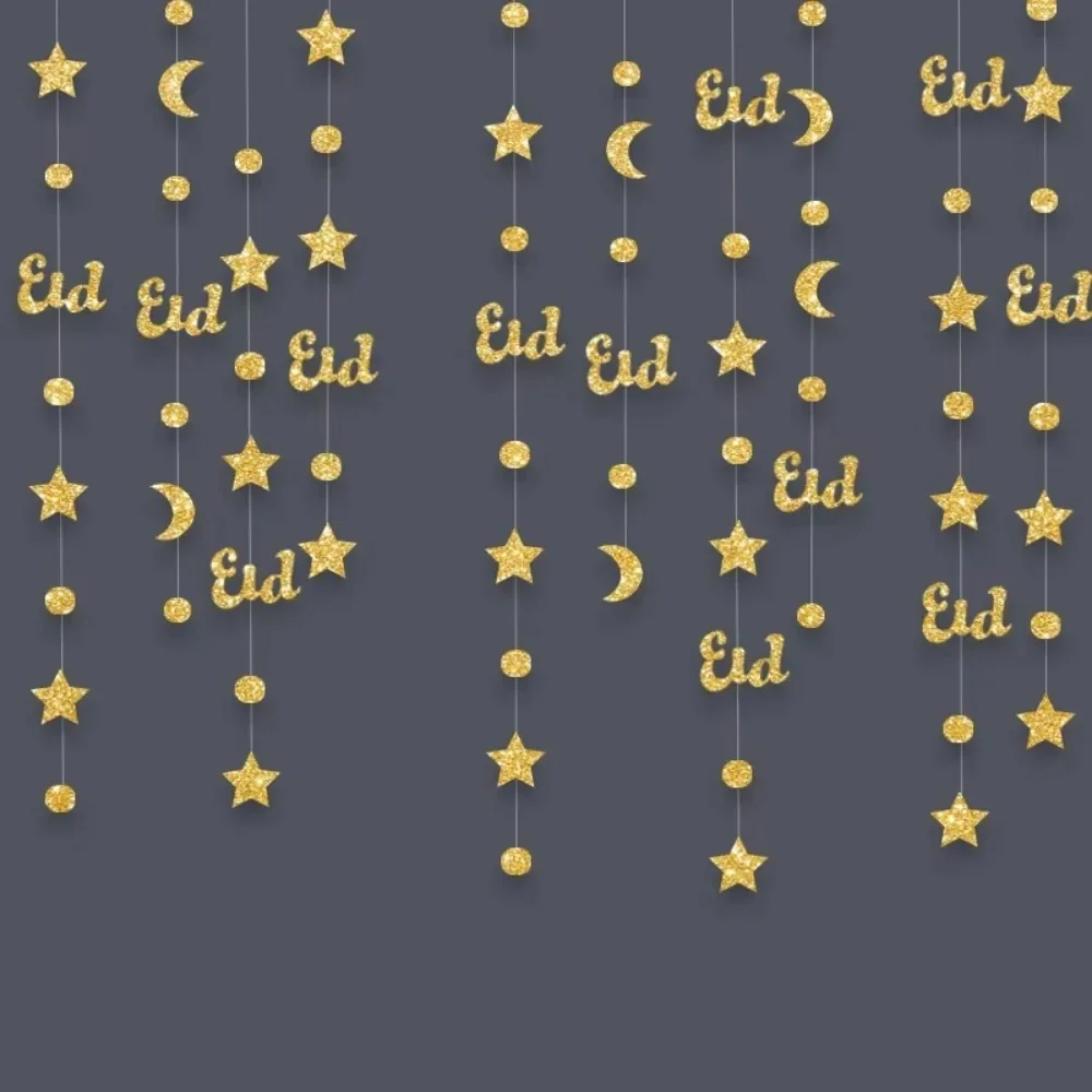 4M Eid Mubarak แบนเนอร์เครื่องประดับ Gold Silver Star Moon โคมไฟ Ramadan Kareem Hang Garland กระดาษ DIY Home Decor ดึงธง