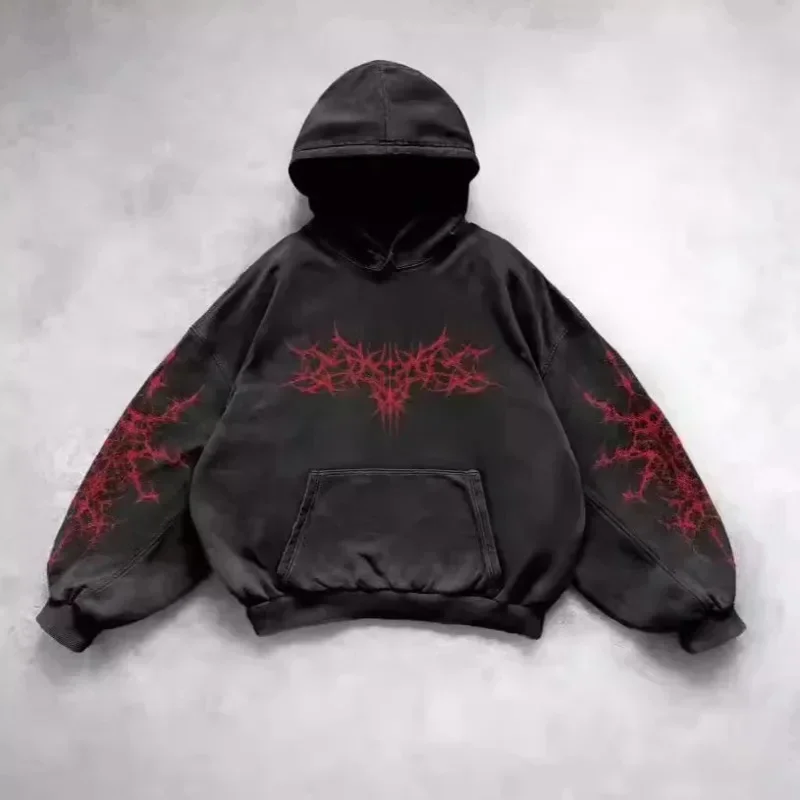 Hip Hop Gothic Y2K Sweatshirt Streetwear Sports European And American Autumn Winter Plush Hooded Printed Fashionable Top New
