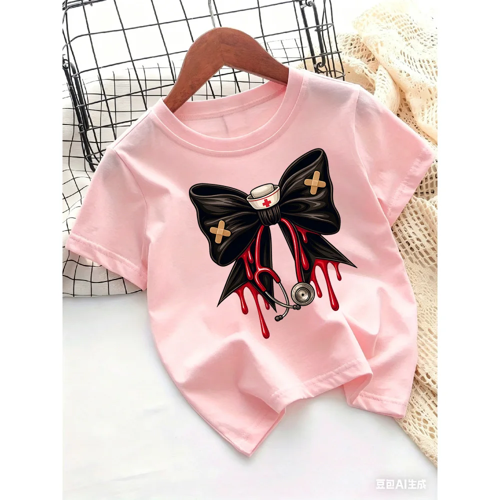 New Round Neck T-shirt for Childrencomfortable Soft Skin Friendly Fashionable Casual Simple Versatile Bow Print Top