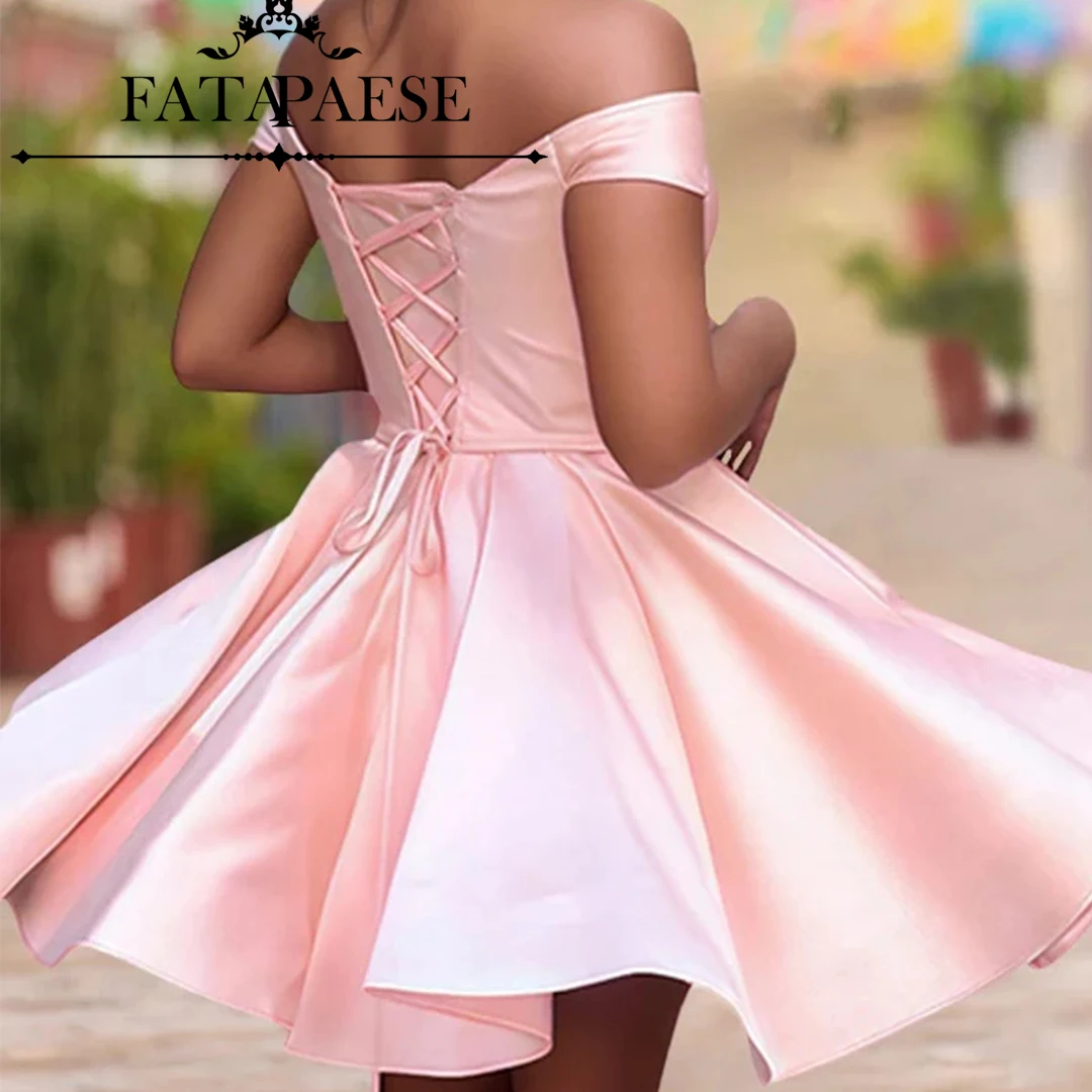 

FATAPAESE Elegant Bridesmaid Dress Satin Off-shodler Sweetheart -neck Mini Short Skirt Gown Wedding Guest Party Gown