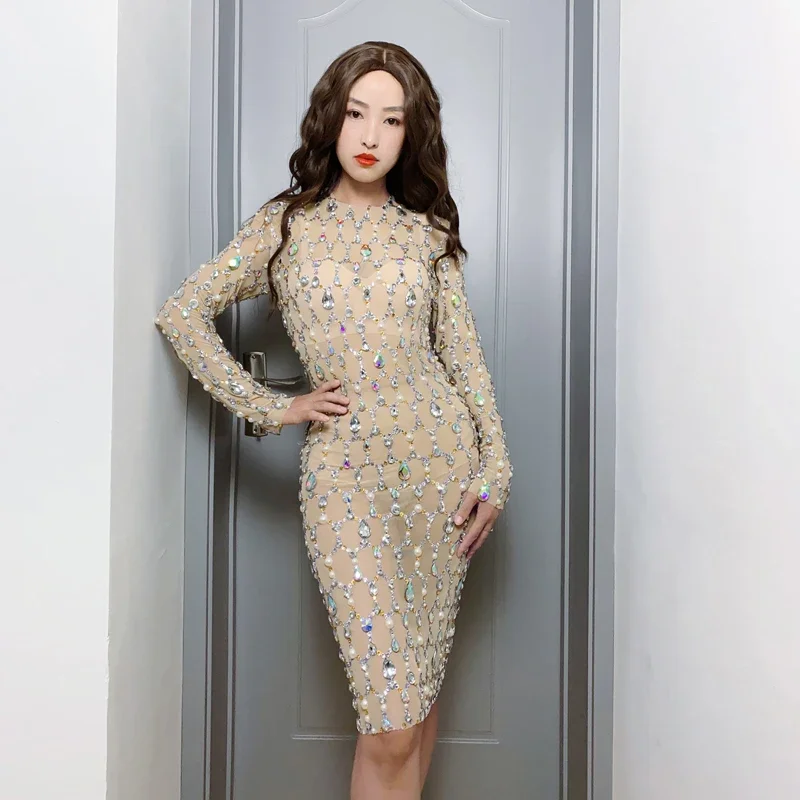 Kolorowa sukienka z dżetami i perłami, długa, z długim rękawem, na imprezę, sukienka wieczorowa damska, sukienka na scenę, sukienka na uroczystości, kostium festiwalowy XS6679