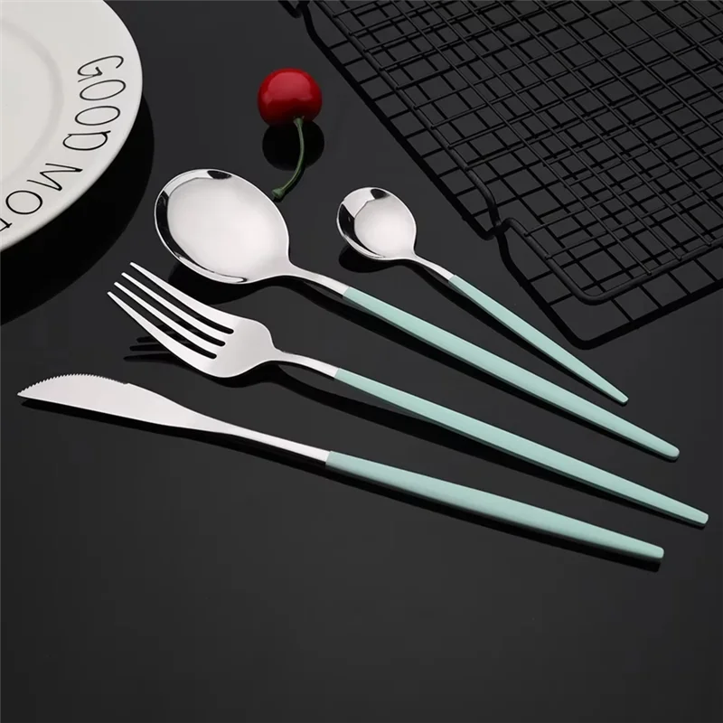 ABBP-Blue Silver Dinnerware Stainless Steel Cutlery Set 16Pcs Knife Tea Spoon Dinner Flatware Kitchen Silverware Tableware