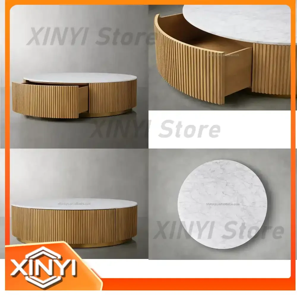 MinYu 2025 for Luxury Modern Designer Solid Oak Wood Coffee Table with Fluted Round Marble Top Storage Living Room Furniture