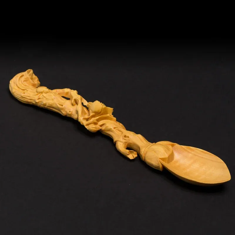 Artistic Boxwood Carved Long Handle Tea Spoon - Creative Solid Wood Crafts
