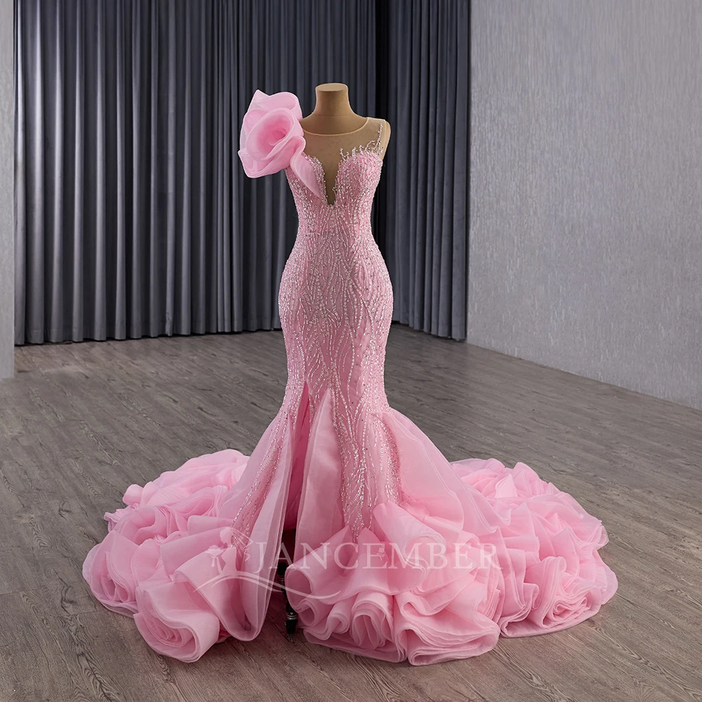 

Платья Quinceanera с русалкой, блестящими блестками, индивидуальные бусины с разрезом по бокам, тюль, сладкие 15, Vestidos De XV Años, розовые на одно плечо