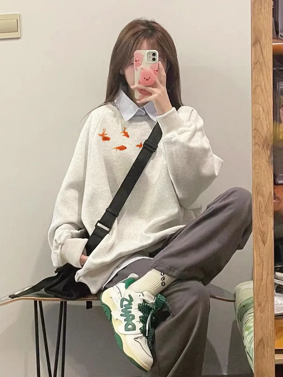 American Little Carp Print Sweatshirt Women Autumn 2025 New 100% Cotton Oversize O-Neck Hoodie Pullover Y2K Tops Ladies clothing